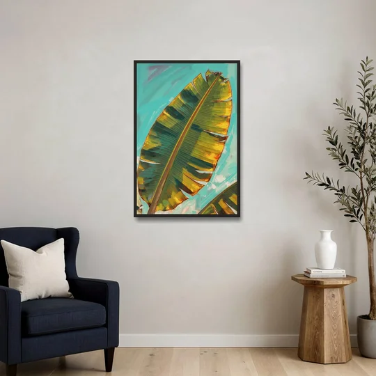 Banana Leaf Wall Art in Golden Backlight - Black Framed Canvas Wall Art - Sofa - 24x36
