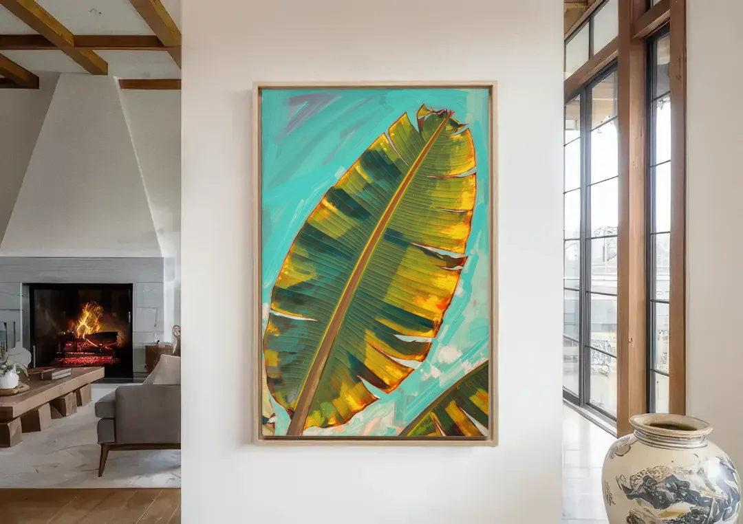 Banana Leaf Wall Art in Golden Backlight canvas wall art in a living room with a fireplace