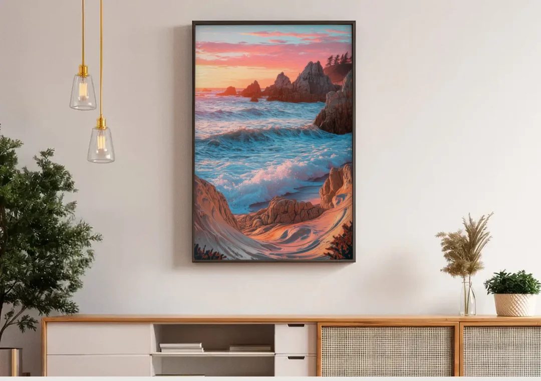Bandon Beach Waves canvas wall art above a wooden sideboard under pendant lights