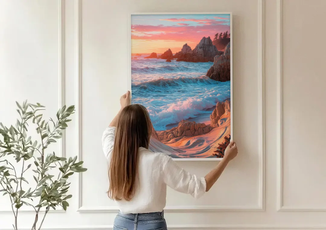 Bandon Beach Waves canvas wall art being hung on a paneled wall
