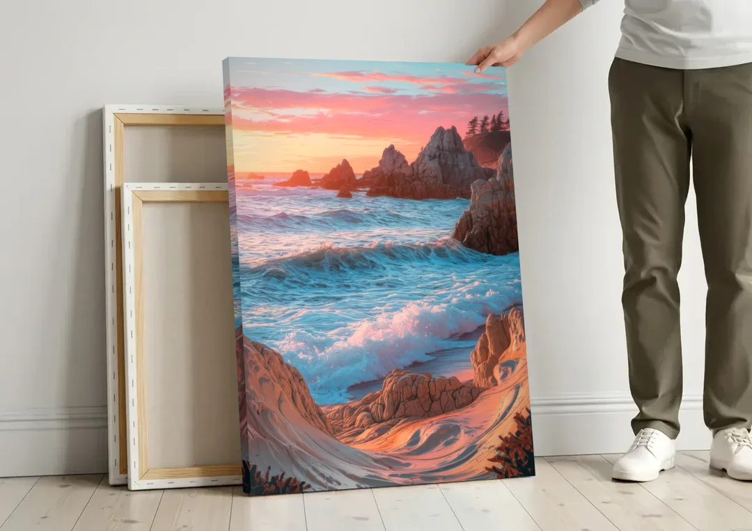 Bandon Beach Waves canvas wall art leaning against a wall next to blank canvases
