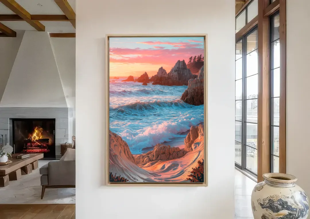 Bandon Beach Waves canvas wall art in a living room with a fireplace