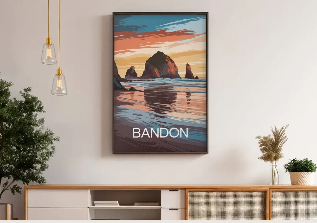Bandon Coastal Sunset canvas wall art above a wooden sideboard under pendant lights