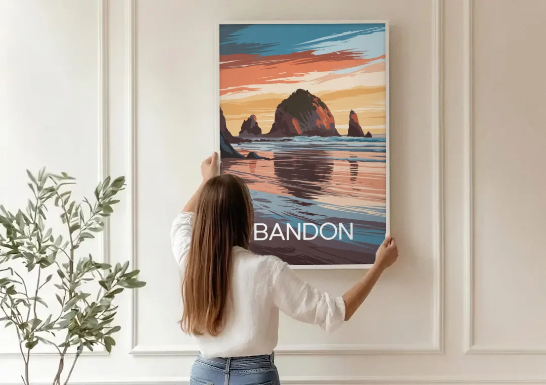 Bandon Coastal Sunset canvas wall art being hung on a paneled wall