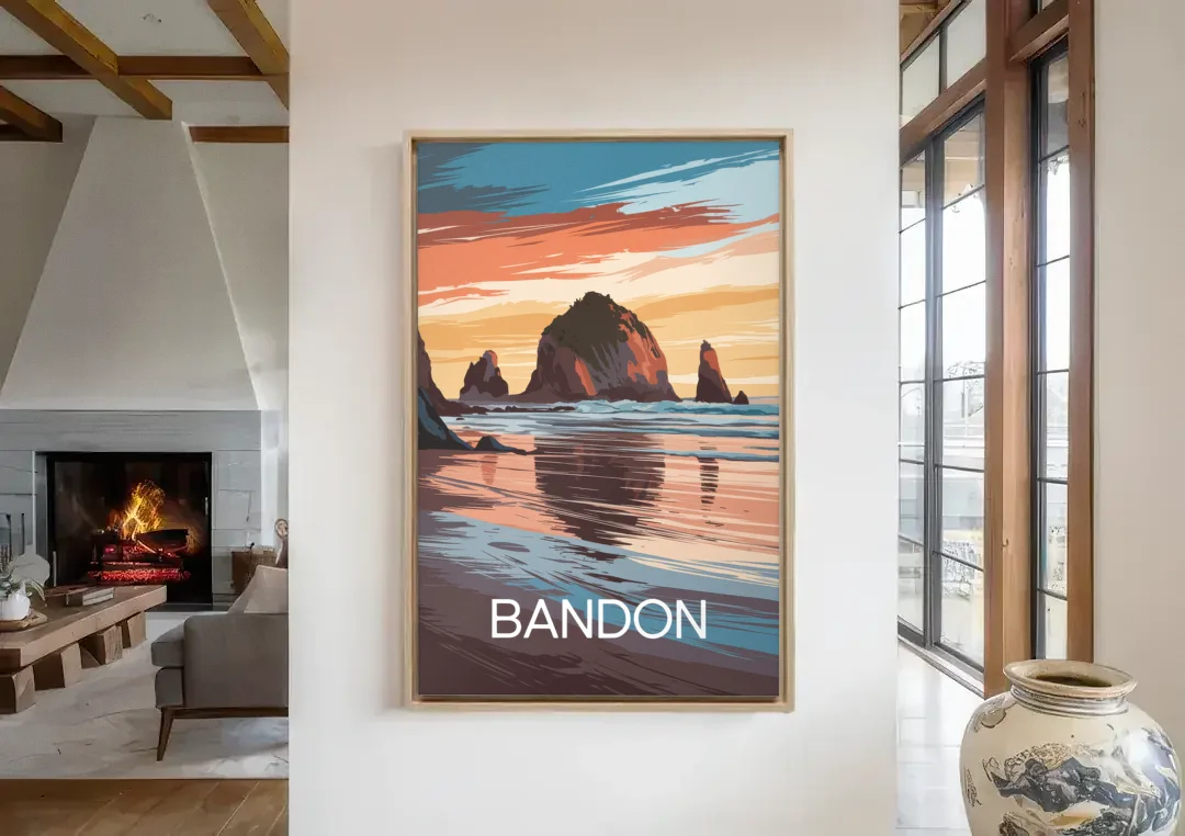 Bandon Coastal Sunset canvas wall art in a living room with a fireplace