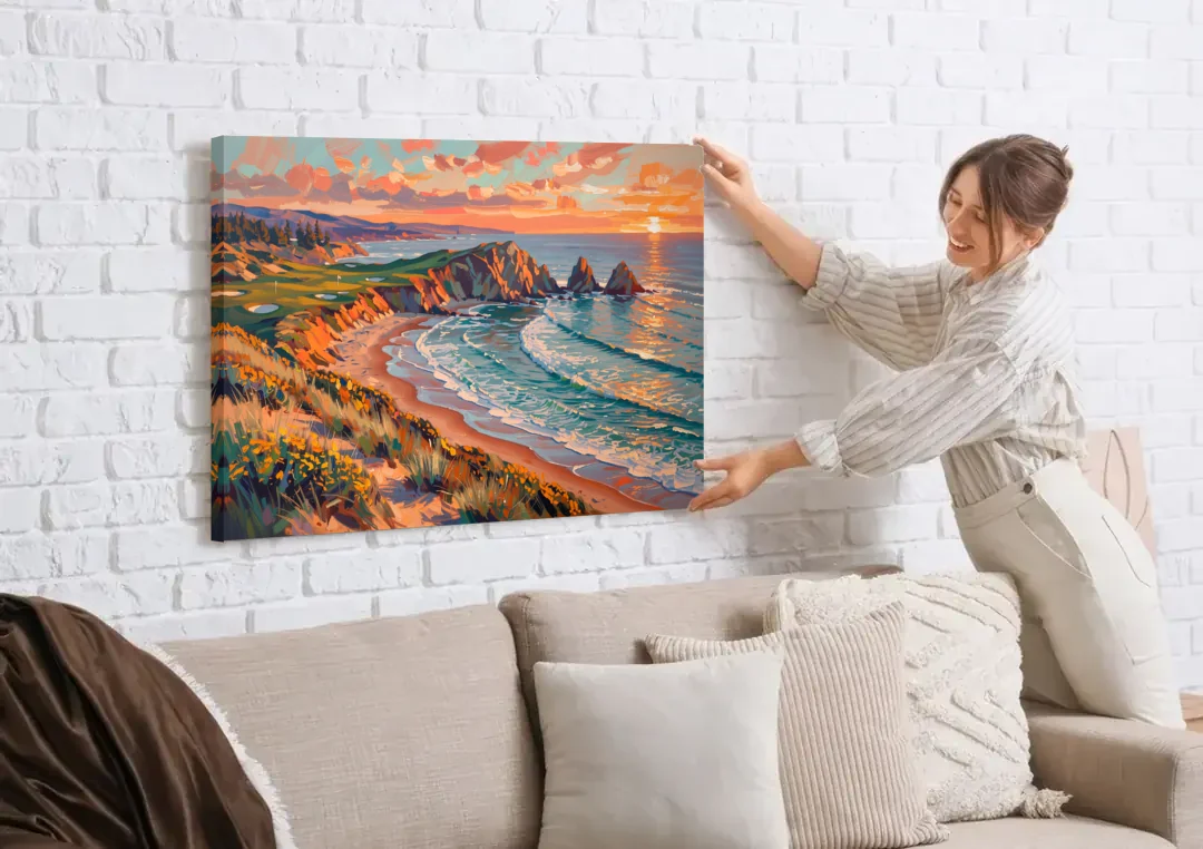 Bandon Golf Course Panorama canvas wall art being hung on a white brick wall above a sofa