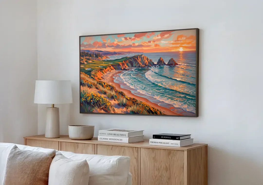 Bandon Golf Course Panorama canvas wall art above a wooden sideboard next to a sofa
