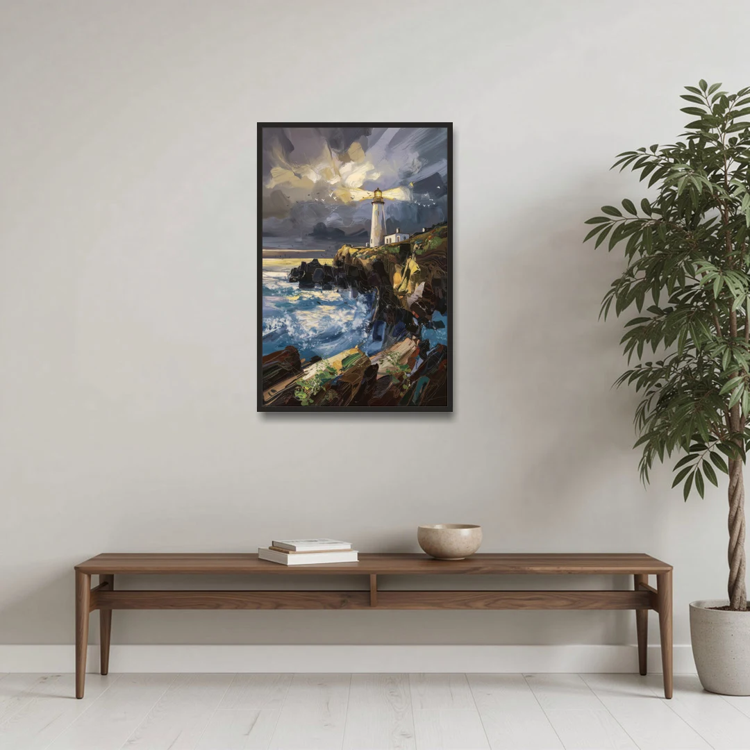 Bandon Lighthouse View - Black Framed Canvas Wall Art - Coffee Table - 24x36