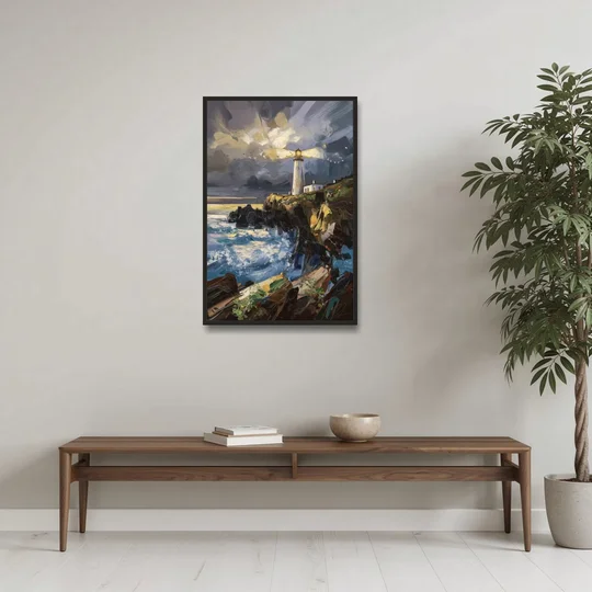 Bandon Lighthouse View - Black Framed Canvas Wall Art - Coffee Table - 24x36