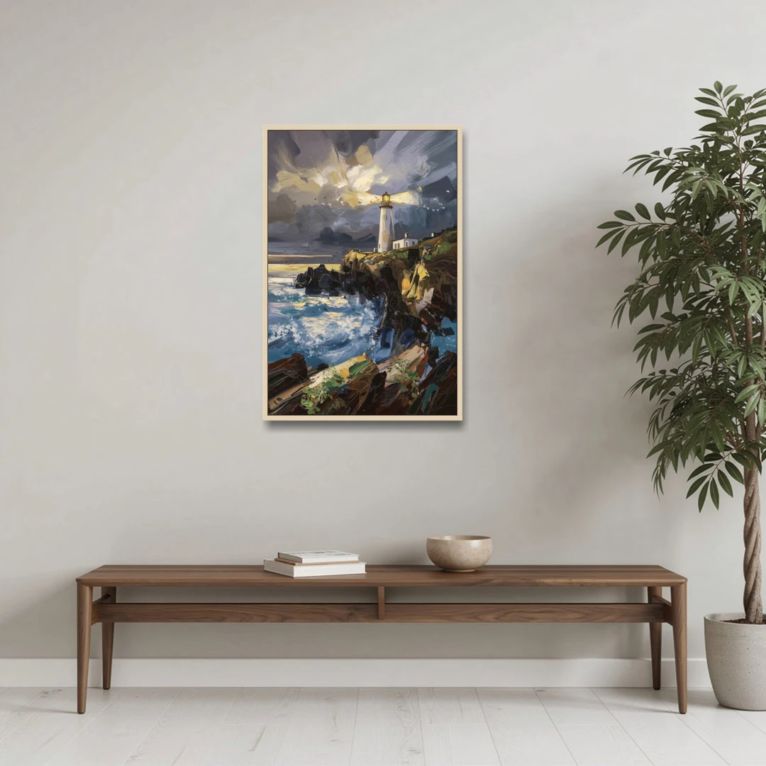 Bandon Lighthouse View - Oak Framed Canvas Wall Art - Coffee Table - 24x36