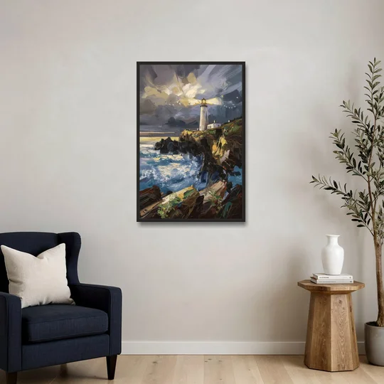 Bandon Lighthouse View - Black Framed Canvas Wall Art - Sofa - 24x36