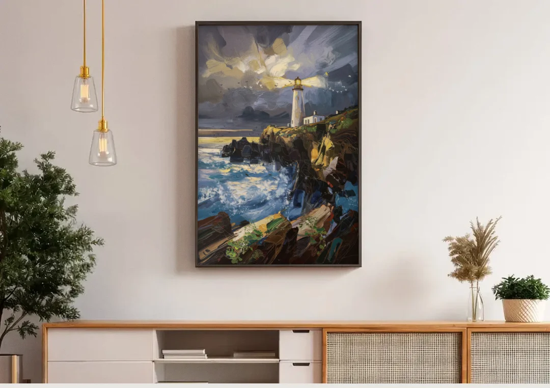 Bandon Lighthouse View canvas wall art above a wooden sideboard under pendant lights