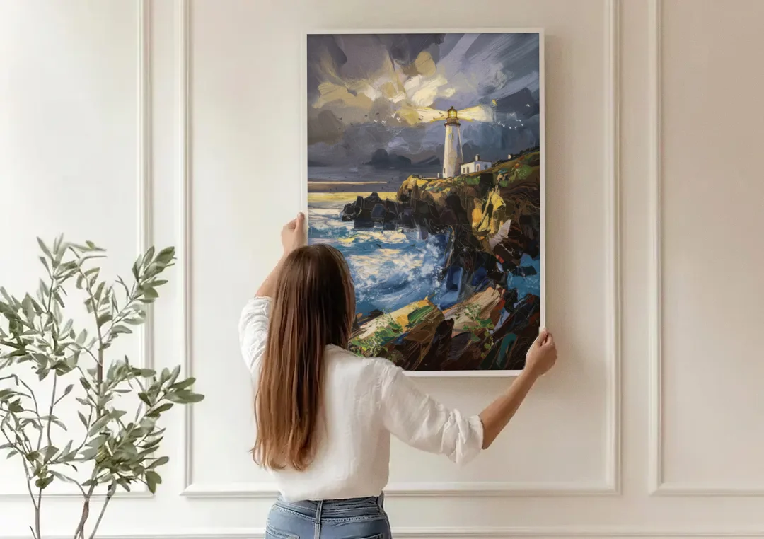Bandon Lighthouse View canvas wall art being hung on a paneled wall