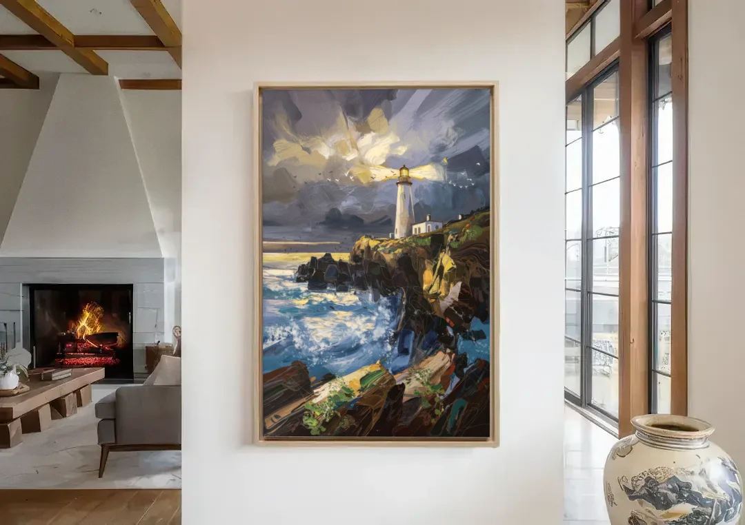 Bandon Lighthouse View canvas wall art in a living room with a fireplace