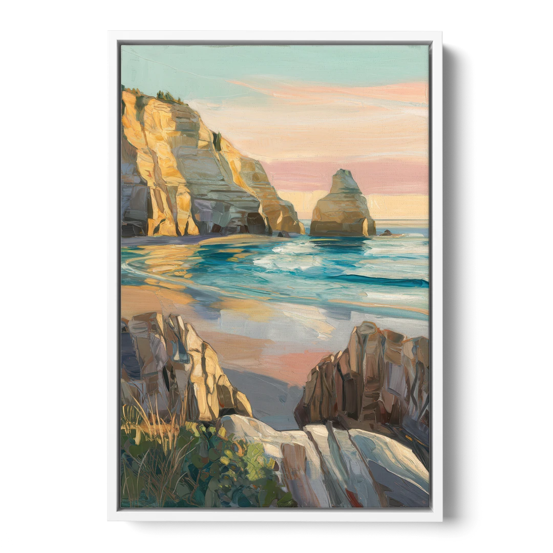Bandon Ocean Cliffs - White Framed Canvas Wall Art - Front