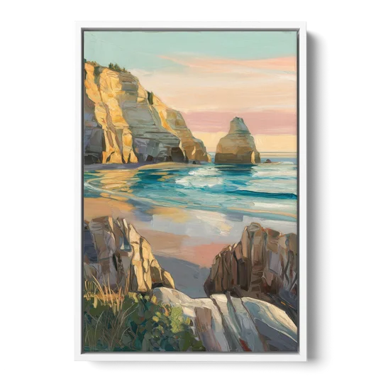 Bandon Ocean Cliffs - White Framed Canvas Wall Art - Front