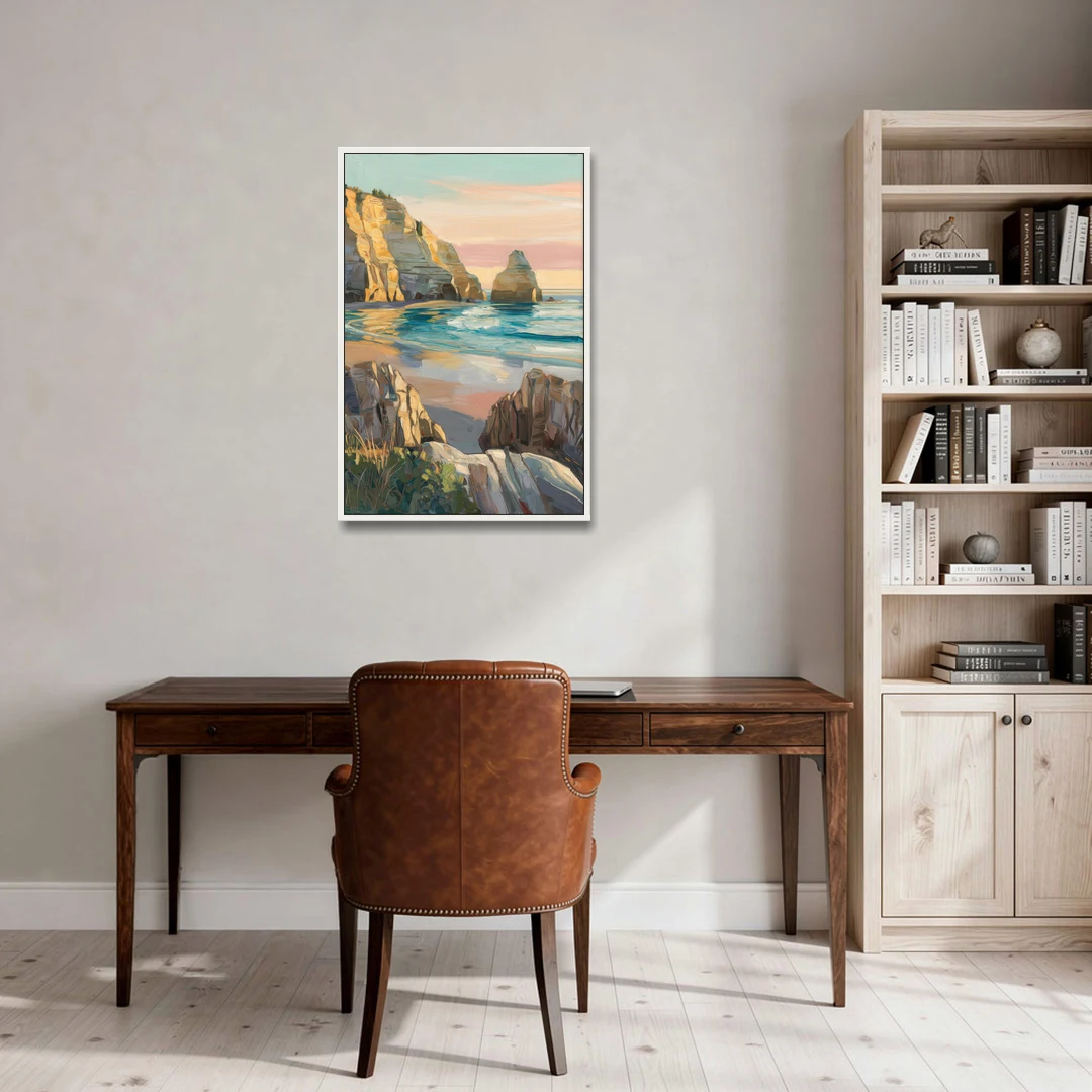 Bandon Ocean Cliffs - White Framed Canvas Wall Art - Office - 24x36
