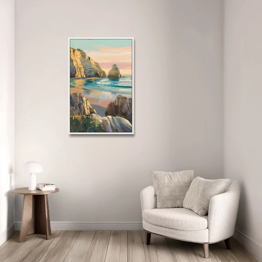 Bandon Ocean Cliffs - White Framed Canvas Wall Art - Sofa - 24x36