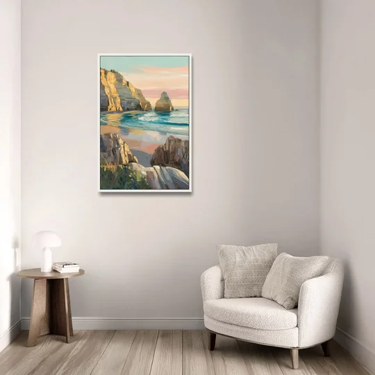 Bandon Ocean Cliffs - White Framed Canvas Wall Art - Sofa - 24x36