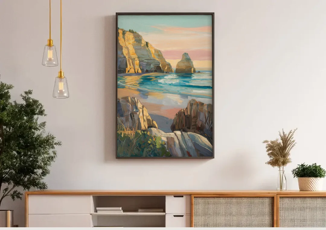 Bandon Ocean Cliffs canvas wall art above a wooden sideboard under pendant lights