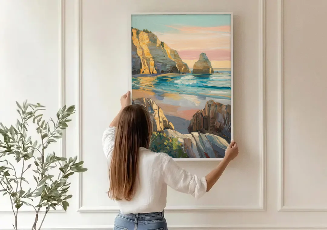 Bandon Ocean Cliffs canvas wall art being hung on a paneled wall