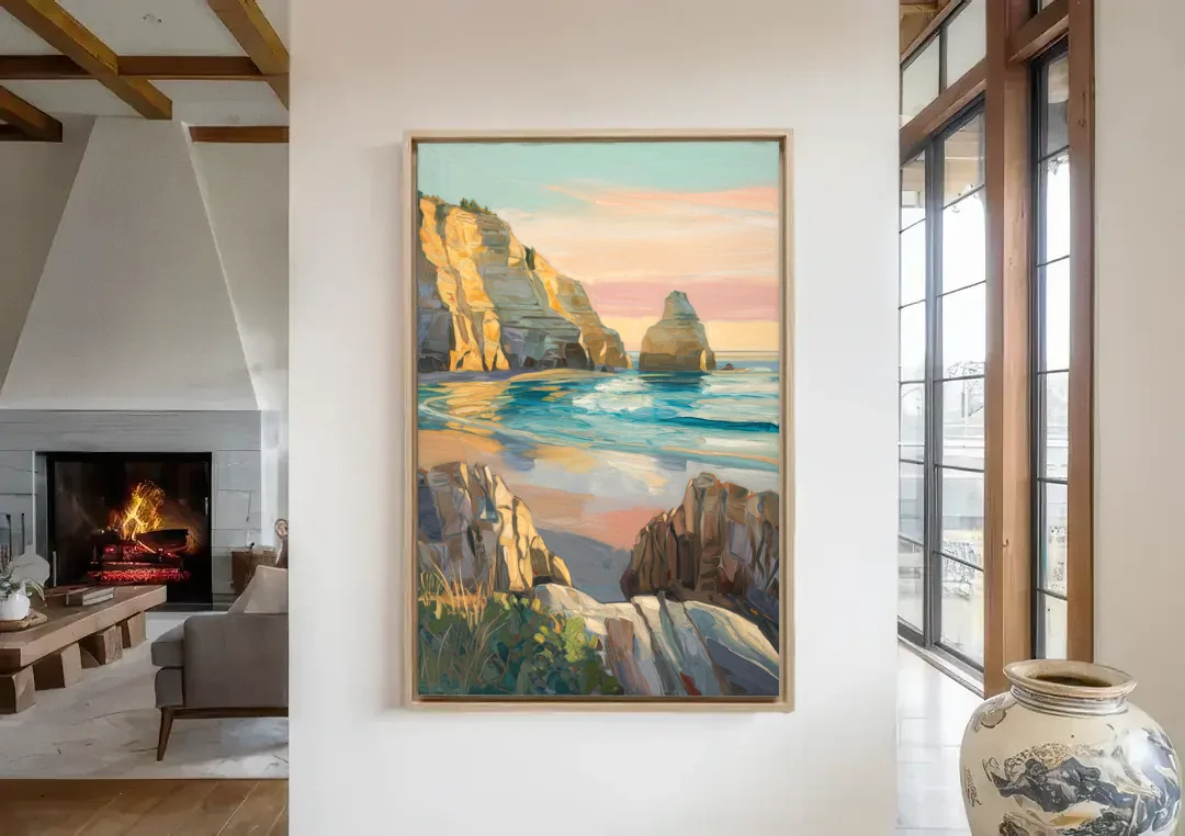 Bandon Ocean Cliffs canvas wall art in a living room with a fireplace