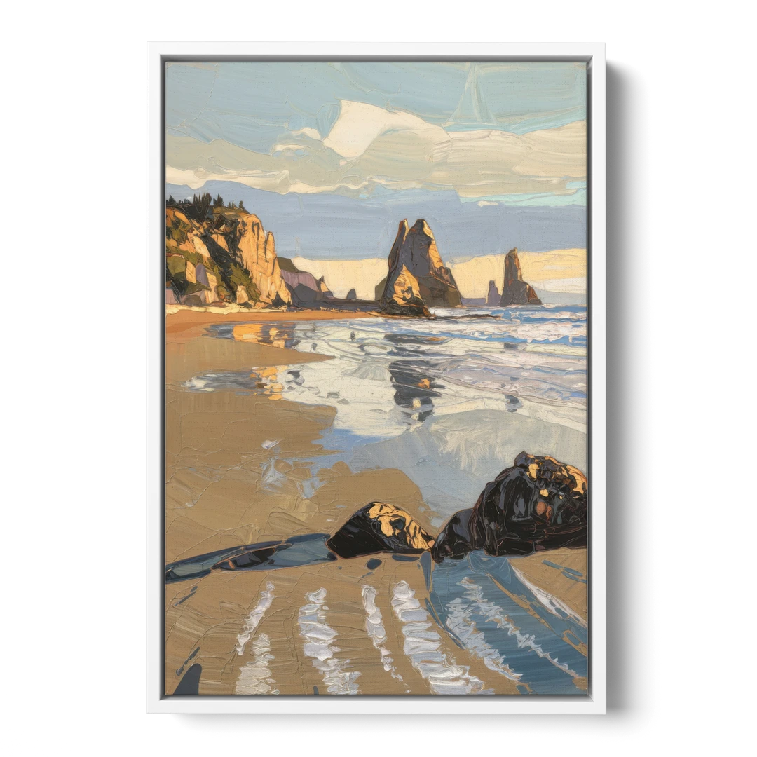 Bandon Oregon Shoreline - White Framed Canvas Wall Art - Front