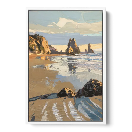 Bandon Oregon Shoreline - White Framed Canvas Wall Art - Front
