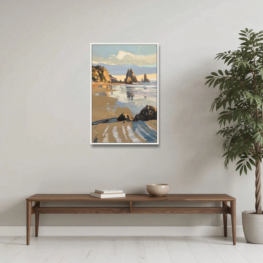 Bandon Oregon Shoreline - White Framed Canvas Wall Art - Coffee Table - 24x36