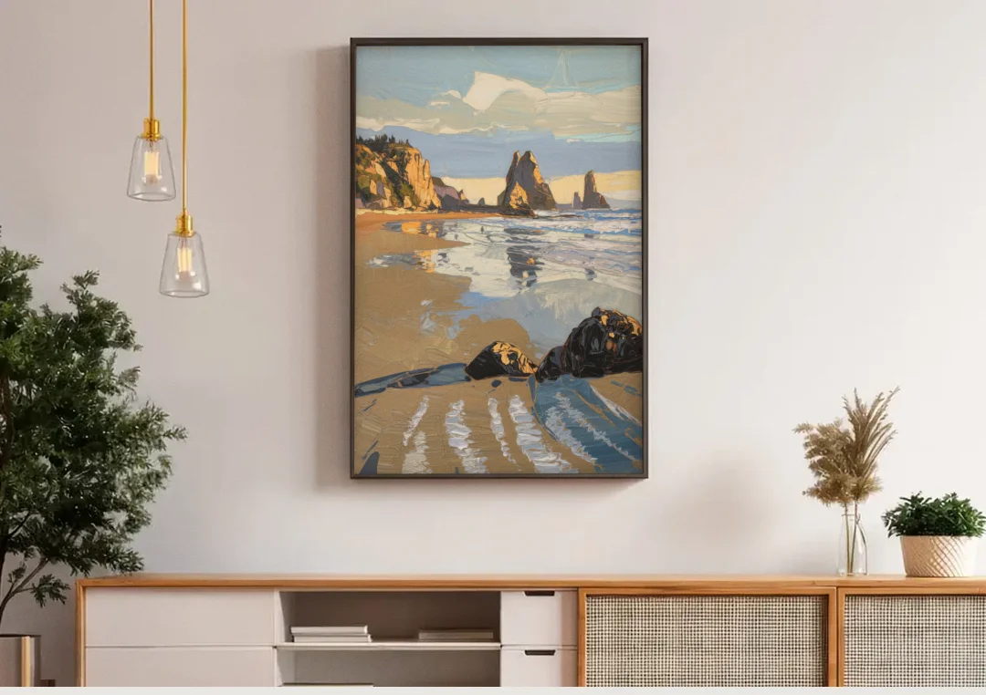 Bandon Oregon Shoreline canvas wall art above a wooden sideboard under pendant lights