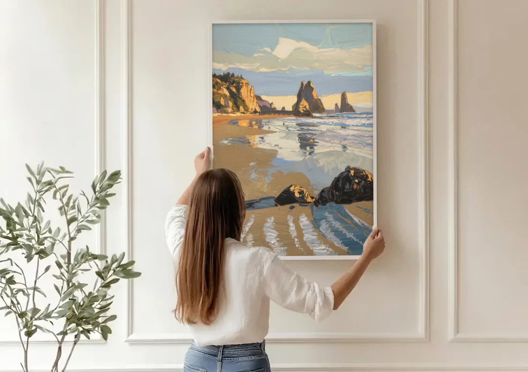 Bandon Oregon Shoreline canvas wall art being hung on a paneled wall