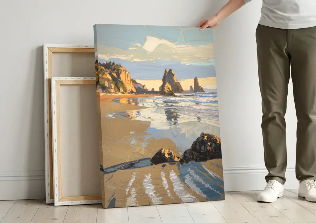 Bandon Oregon Shoreline canvas wall art leaning against a wall next to blank canvases