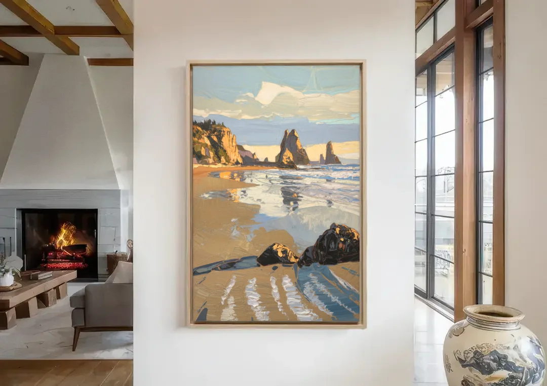 Bandon Oregon Shoreline canvas wall art in a living room with a fireplace