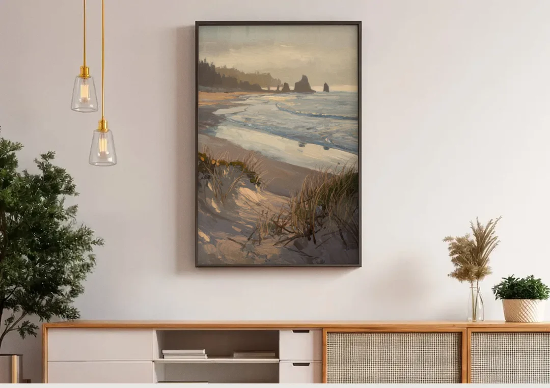 Bandon Pacific Coast canvas wall art above a wooden sideboard under pendant lights