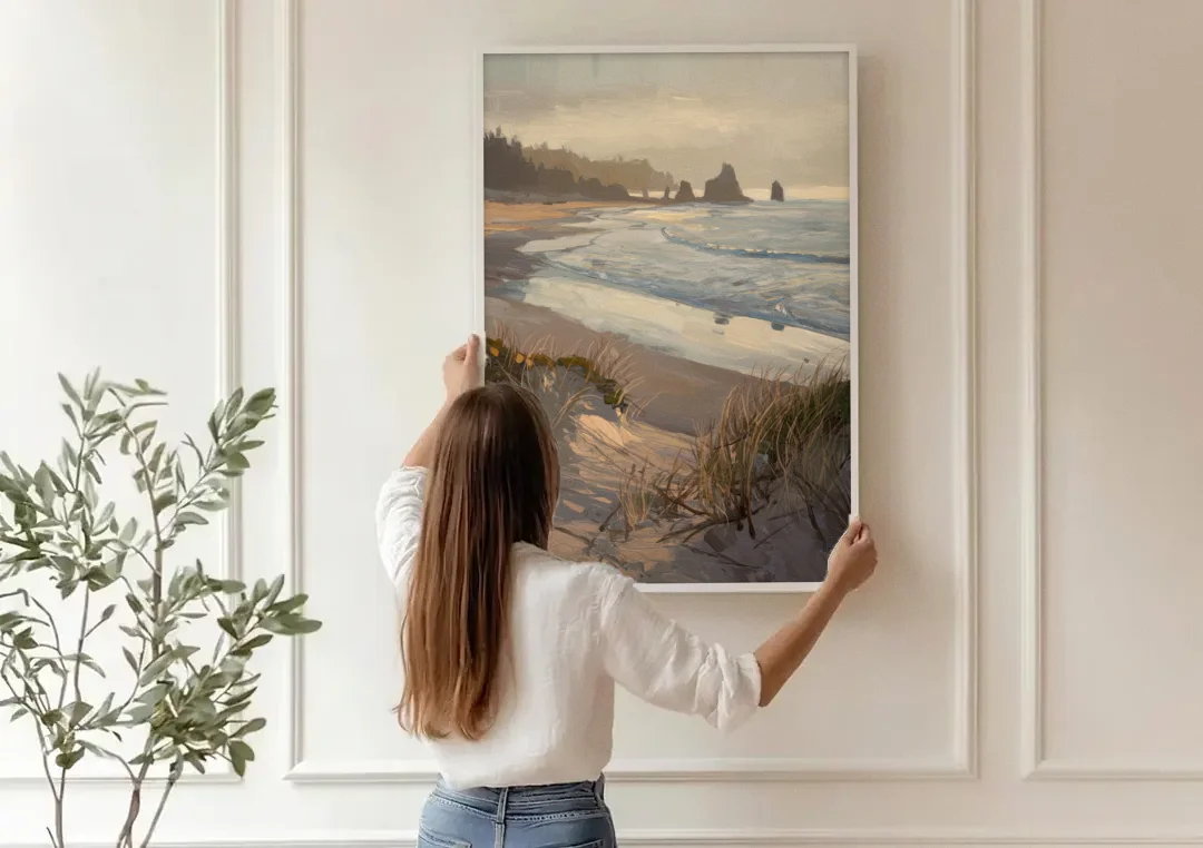 Bandon Pacific Coast canvas wall art being hung on a paneled wall