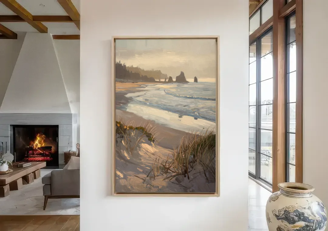 Bandon Pacific Coast canvas wall art in a living room with a fireplace