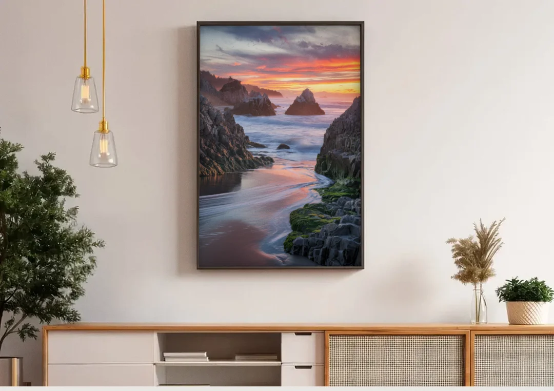 Bandon Rocky Shoreline canvas wall art above a wooden sideboard under pendant lights