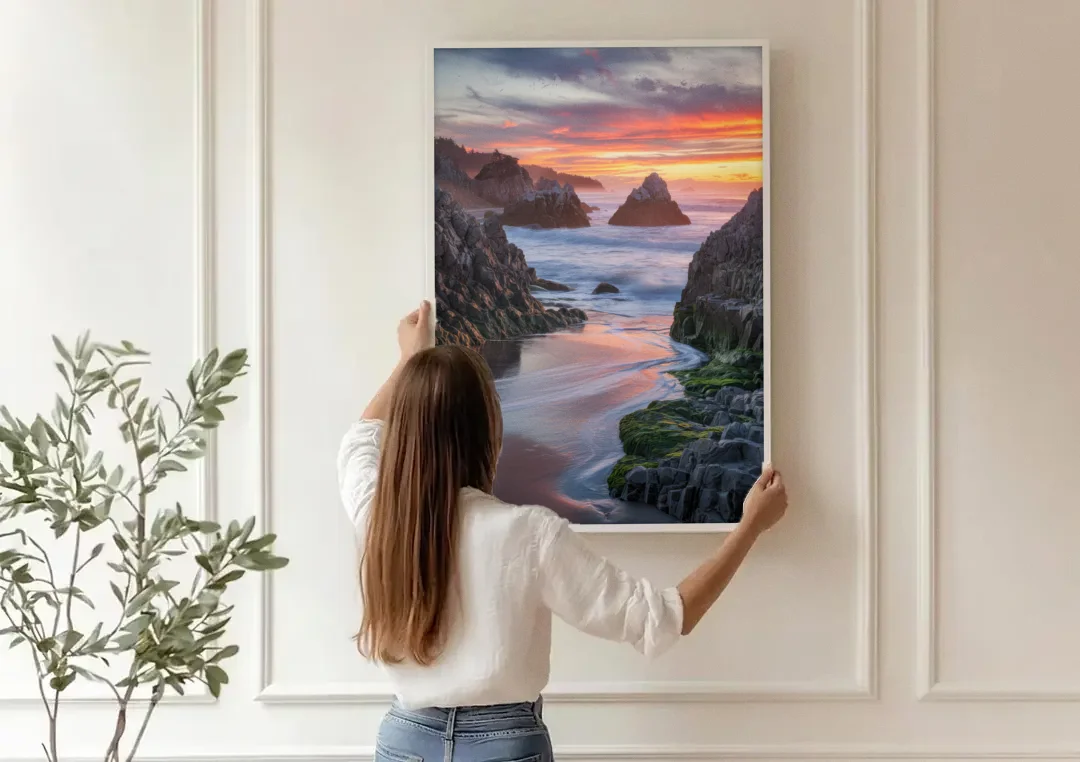 Bandon Rocky Shoreline canvas wall art being hung on a paneled wall