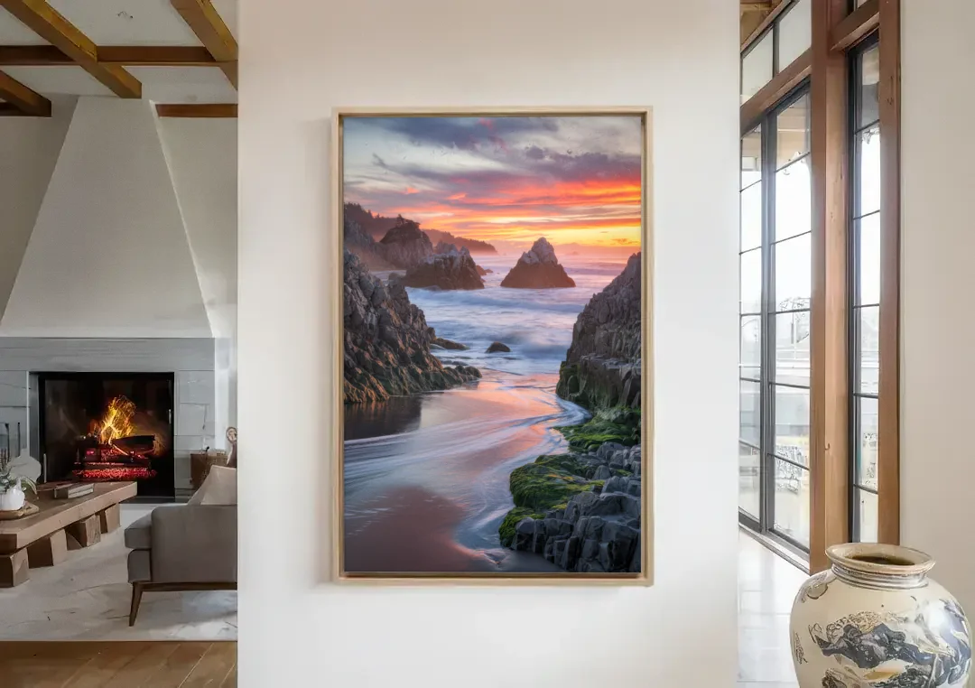 Bandon Rocky Shoreline canvas wall art in a living room with a fireplace