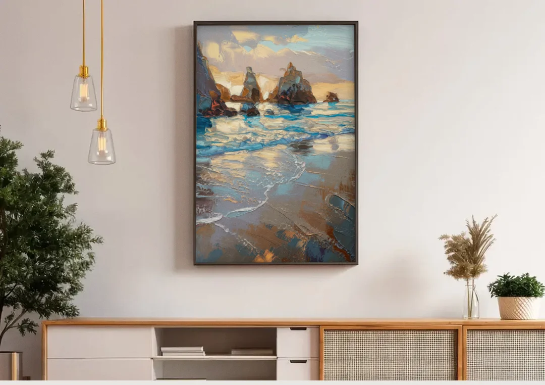 Bandon Seaside Serenity canvas wall art above a wooden sideboard under pendant lights