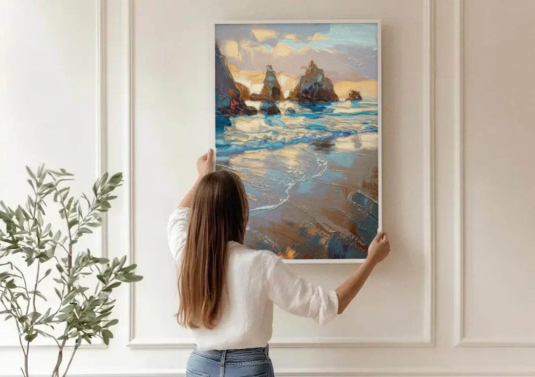 Bandon Seaside Serenity canvas wall art being hung on a paneled wall