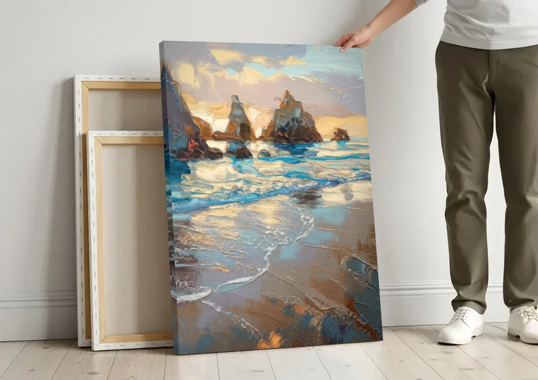 Bandon Seaside Serenity canvas wall art leaning against a wall next to blank canvases