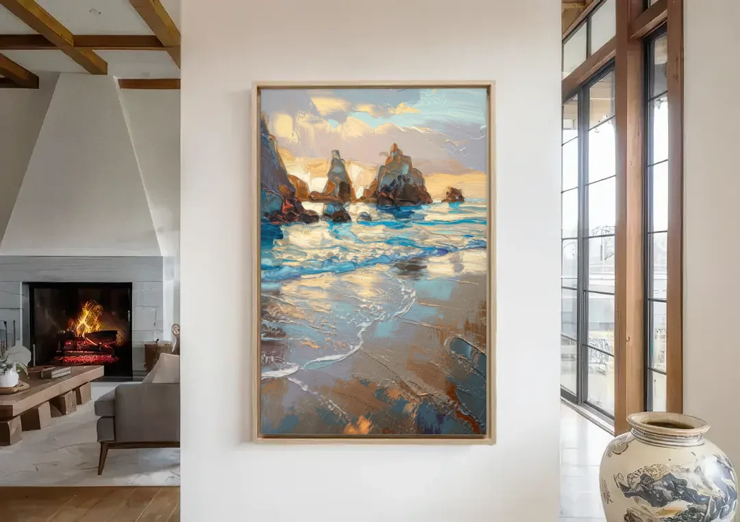 Bandon Seaside Serenity canvas wall art in a living room with a fireplace