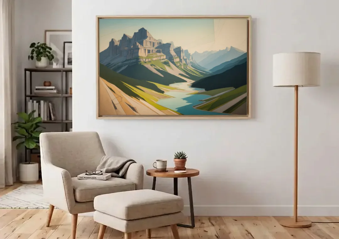 Banff Alpine Peaks canvas wall art above an armchair in a bright living room