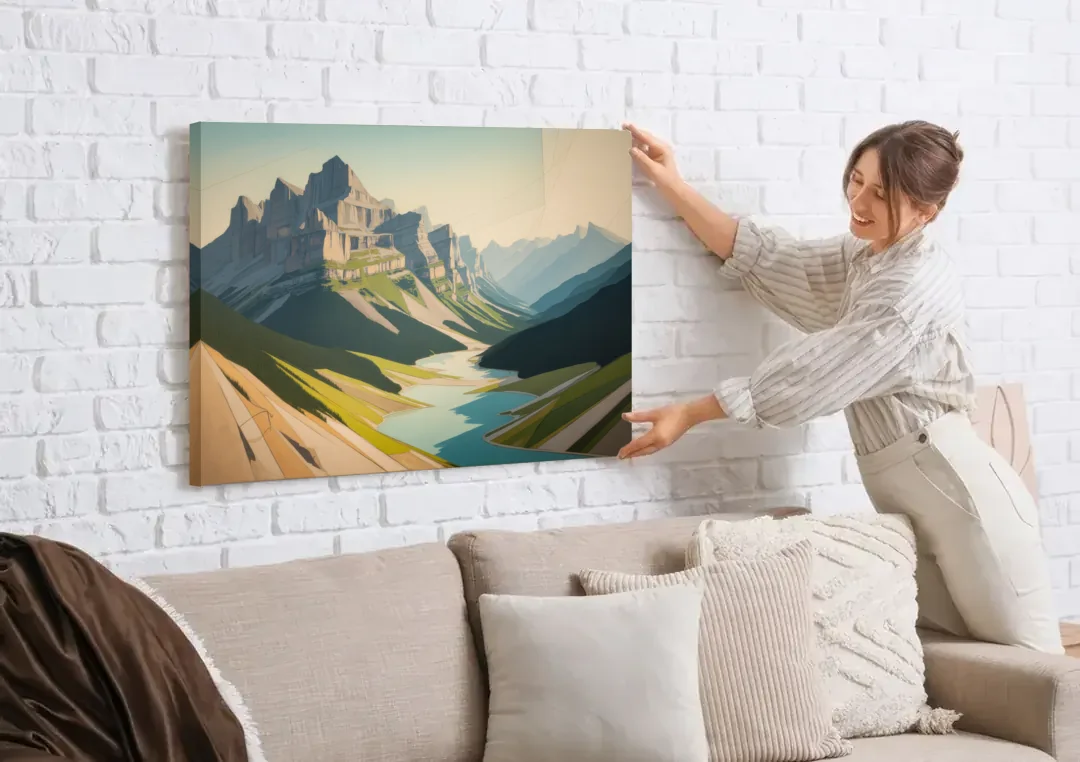 Banff Alpine Peaks canvas wall art being hung on a white brick wall above a sofa