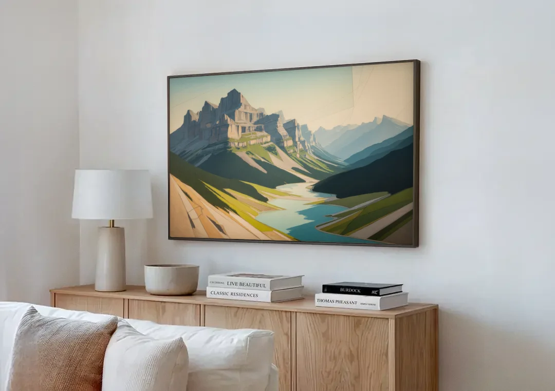 Banff Alpine Peaks canvas wall art above a wooden sideboard next to a sofa