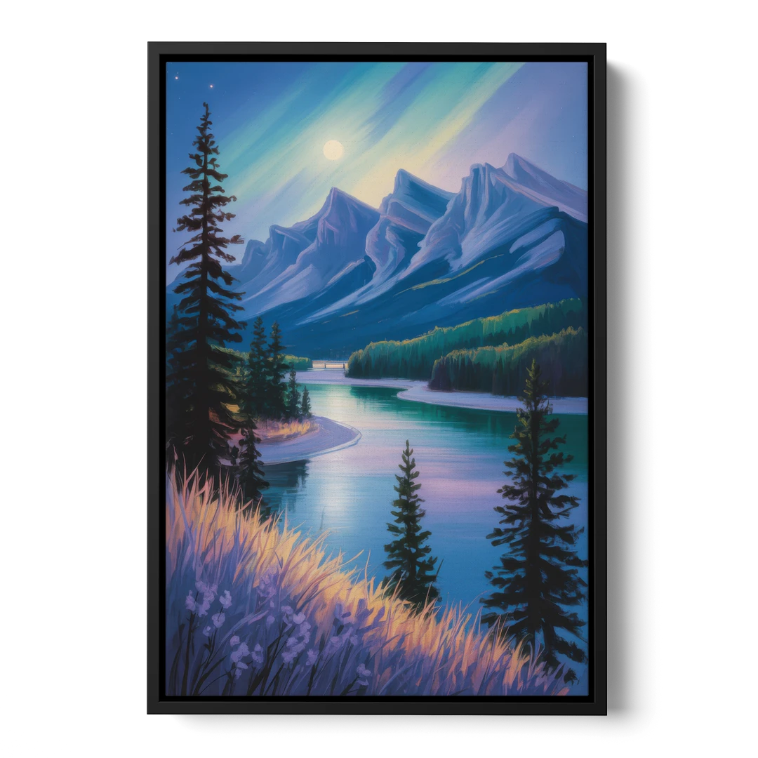 Banff National Park at Night - Black Framed Canvas Wall Art - Front
