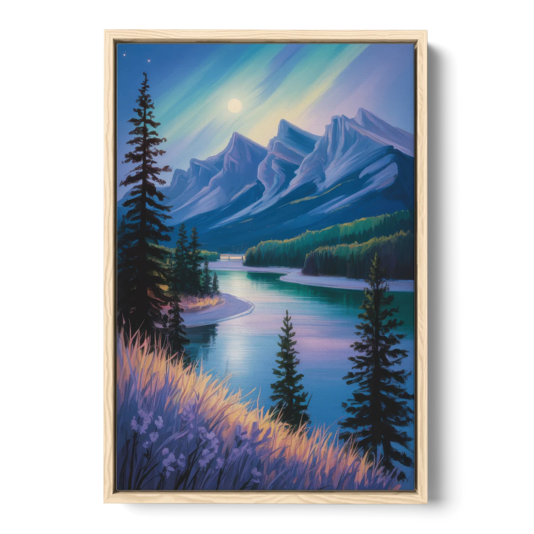 Banff National Park at Night - Oak Framed Canvas Wall Art - Front