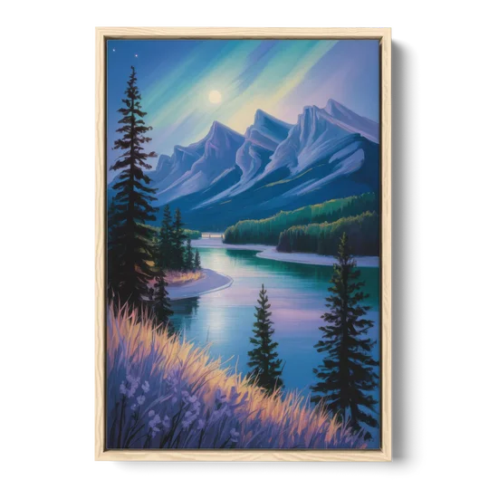 Banff National Park at Night - Oak Framed Canvas Wall Art - Front