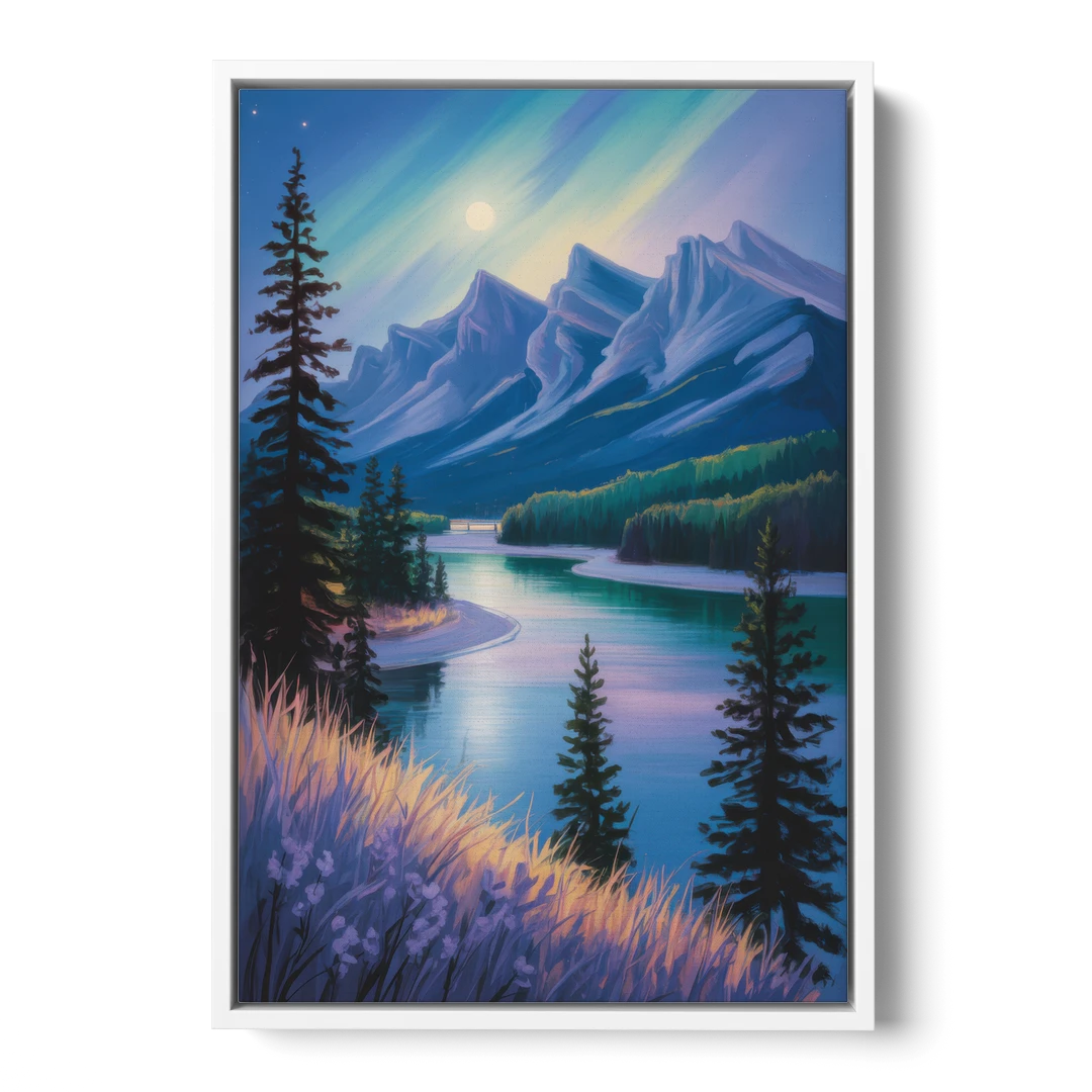 Banff National Park at Night - White Framed Canvas Wall Art - Front
